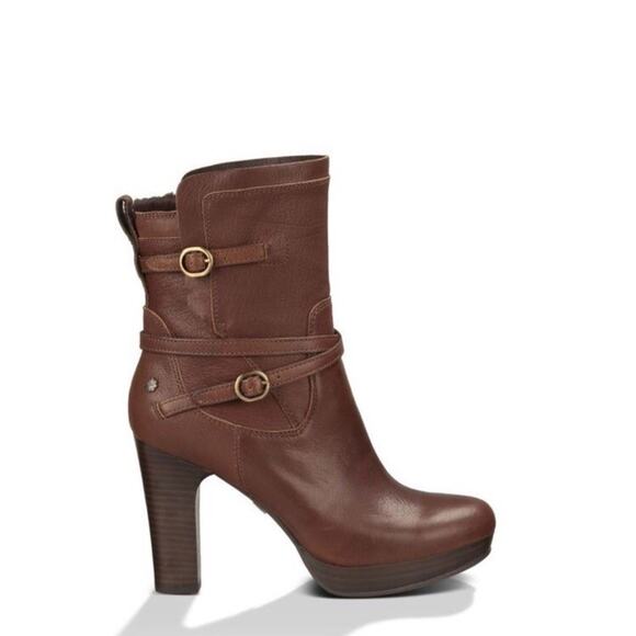 UGG Olivia High Heel Boots Dark Brown Leather Wool Straps Buckle Women’s - Picture 1 of 8